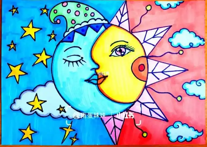 简笔画儿童画卡通太阳和月亮冷暖色创意画