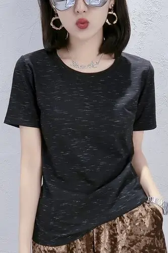 伊咖 纯棉短袖t恤女 洋气条纹修身打底衫 夏季黑色半袖女2020新款上衣