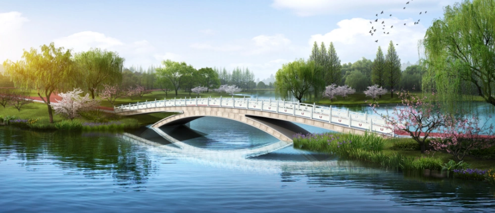 单跨石拱桥桥梁以钢结构为主,宛如飘在水面上的飘带,主体轻盈而现代