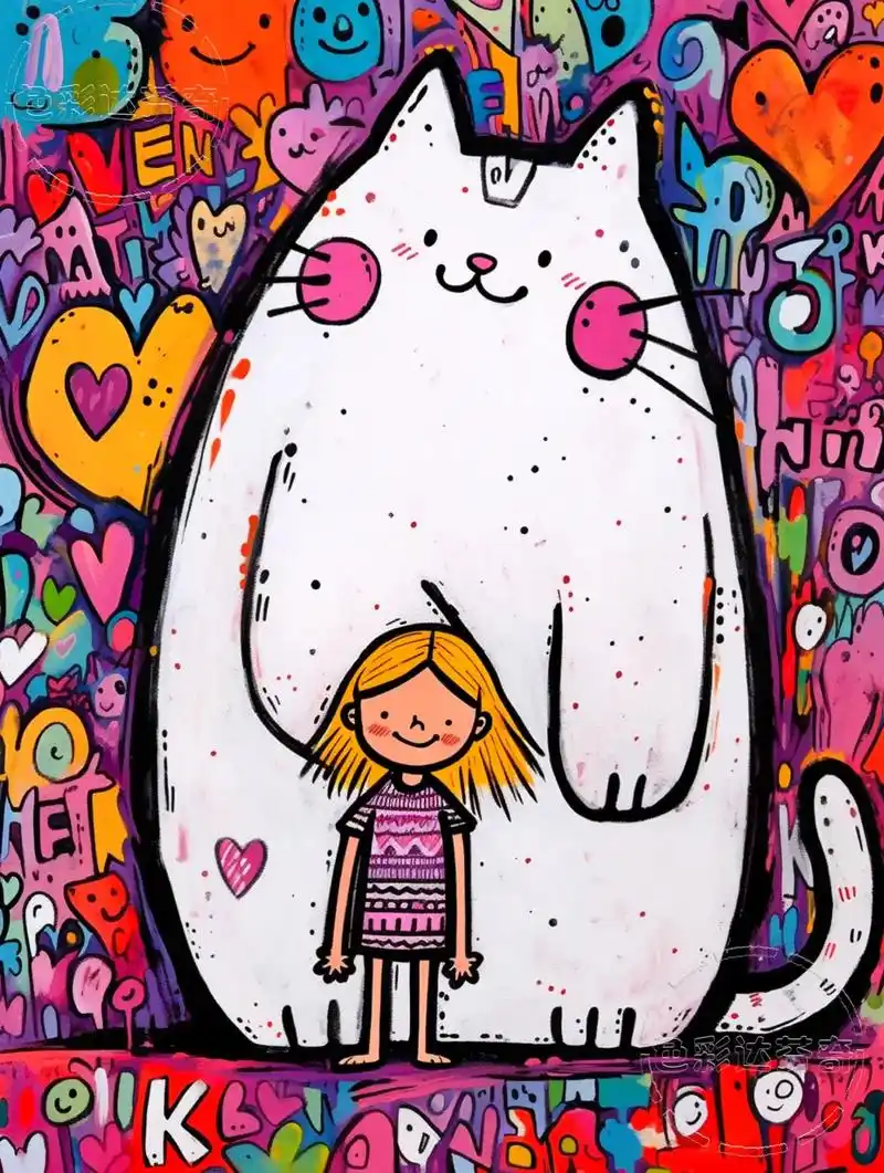 涂鸦艺术96猫和女孩|色彩的视觉冲击.#绘画 #想画就画 # - 抖音