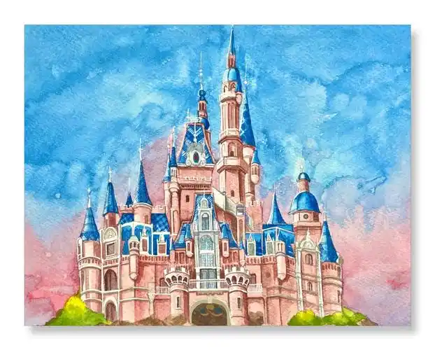 水彩迪士尼城堡手绘迪士尼签名册的扉页