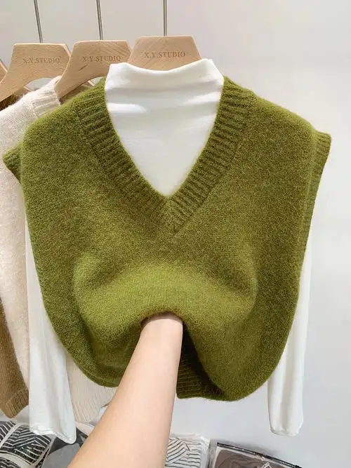 韩版叠穿v领马甲针织背心女外搭宽松毛衣外套无袖坎肩上衣春秋装