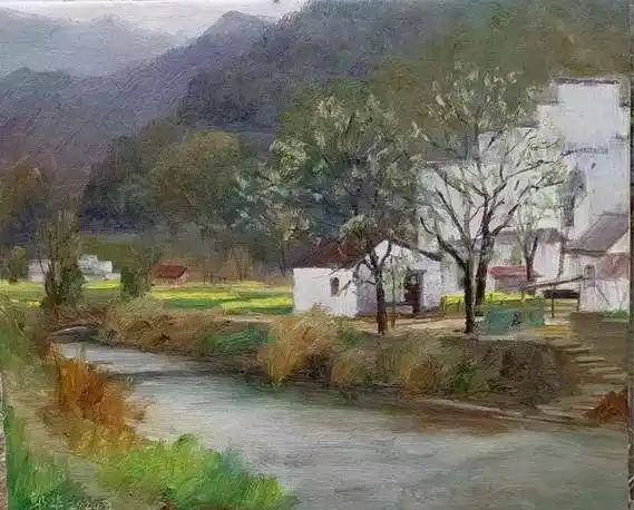 春归有期 花醉婺源——郭华风景油画写生作品_cm_油菜花_樟树