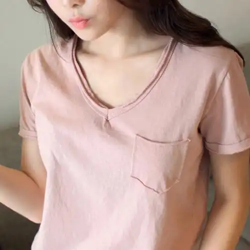 2017新款纯棉短袖纯色v领t恤女装上衣韩版宽松简约修身平袖打底衫