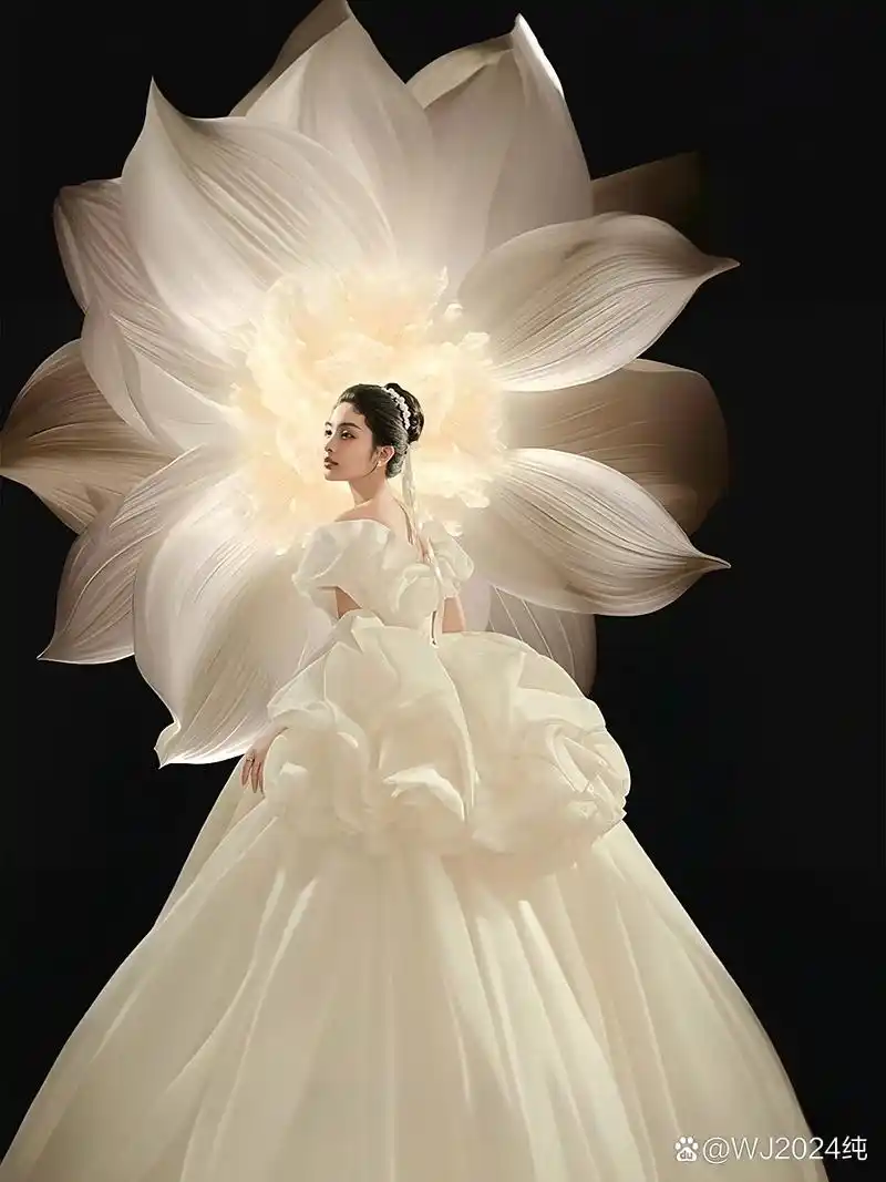 新娘身着洁白婚纱,轻倚在繁花之间,她那幸福的笑容与盛放的花朵相得