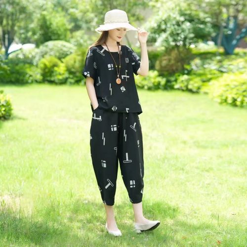 hiwish微胖中年女人夏天短衣短裤套装中老年妈妈夏装冰丝棉麻套装女大