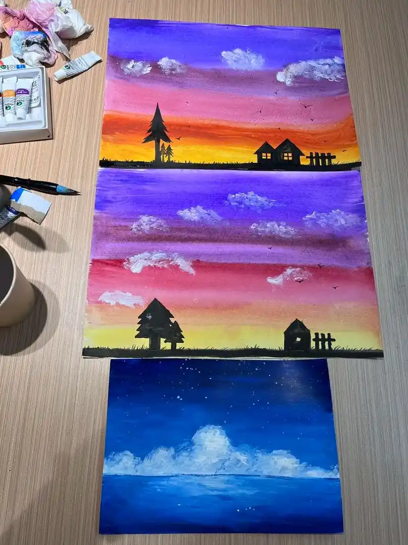 小学生水粉颜料画炫彩天空