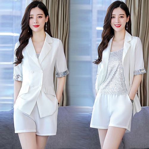 深依度2021夏装新款女装三件套夏季时尚高定精品亮片西装套装 923