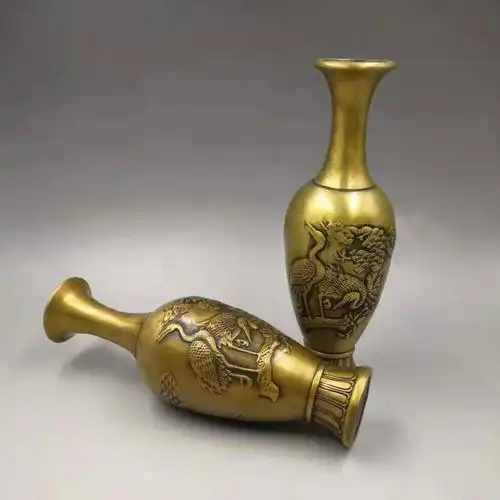 松鹤铜花瓶工艺品批发黄铜花瓶一对古玩做旧古松仙鹤祝寿家居摆件