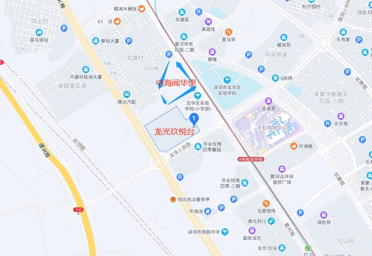 2平,位于龙华区民治街道,龙光玖悦台北侧,与龙华区实验学校一路之隔