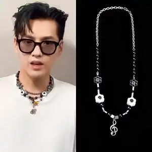 潮玩人类在哪里吴亦凡同款 新款黑色笑脸串珠项链朋克音符潮男女