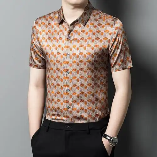 伯莎丹顿品牌新款夏季真丝短袖男装休闲蚕丝衬衫男时尚衬衣男休闲