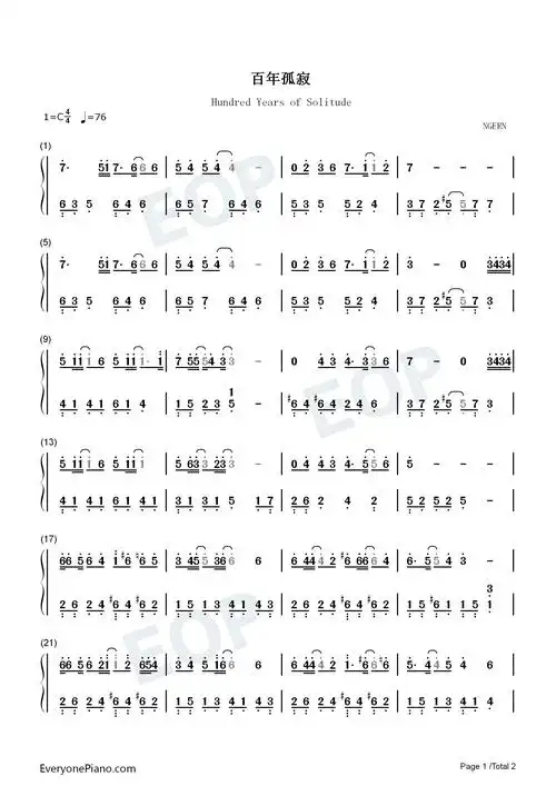 百年孤寂-c调简单版-王菲-钢琴谱文件(五线谱,双手简谱,数字谱,midi