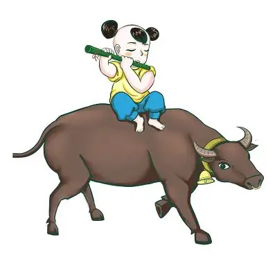 牧童元素清明节png素材清明元素年年有余新年元素卡通锦鲤与吹笛子的