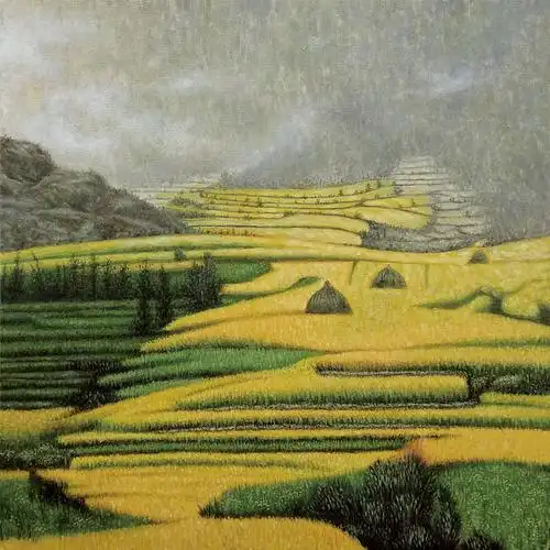 我的油画风景作品丰收中的梯田