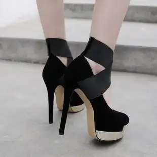 性感恨天高夜店夜场交叉绑带浅口单鞋防水台超高跟鞋细跟宴会女鞋