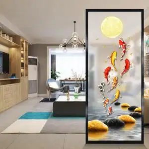 中式艺术玻璃屏风隔断墙客厅入户玄关钢化磨砂双面透光定制九鱼图