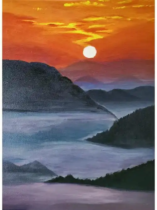 丙烯画日落