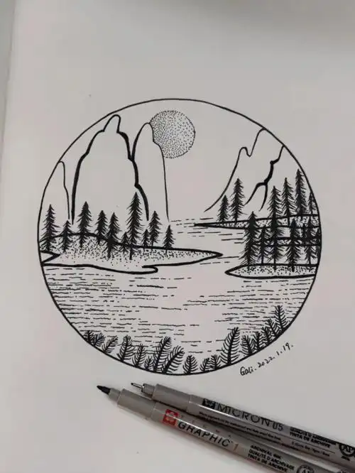 119山水黑白线描风景画创意简笔插画