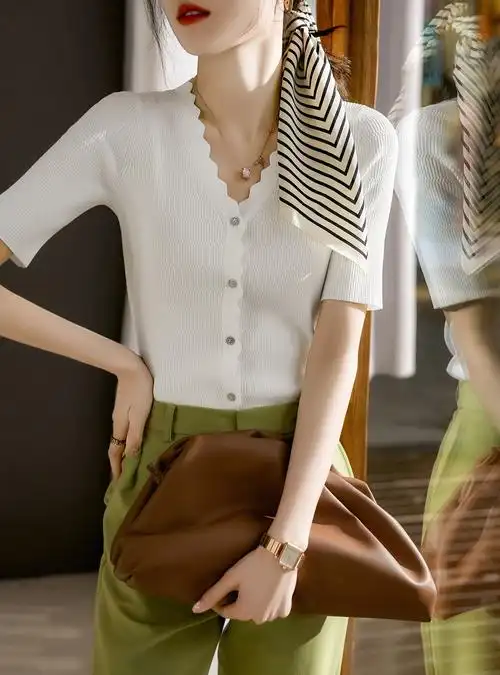 笑涵阁い 夏通勤魅力花边v领针织开衫短袖上衣薄款女 zy358152mg