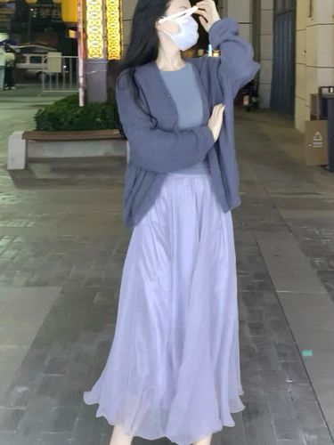 晚晚风时尚套装2023年春夏季新款温柔蓝灰色高腰仙女纯色半身长裙