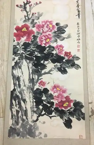 【图】李山石牡丹真迹,133*66,二四尺8平尺,画工精湛,品相如图 有些许