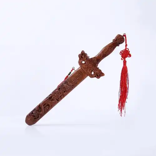 厂家批发镇宅桃木木雕朱砂双龙七星桃木剑摆件挂件吉祥礼品工艺品