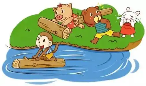 小猴,小熊和小猪自告奋勇,走进森林里准备搬木头.