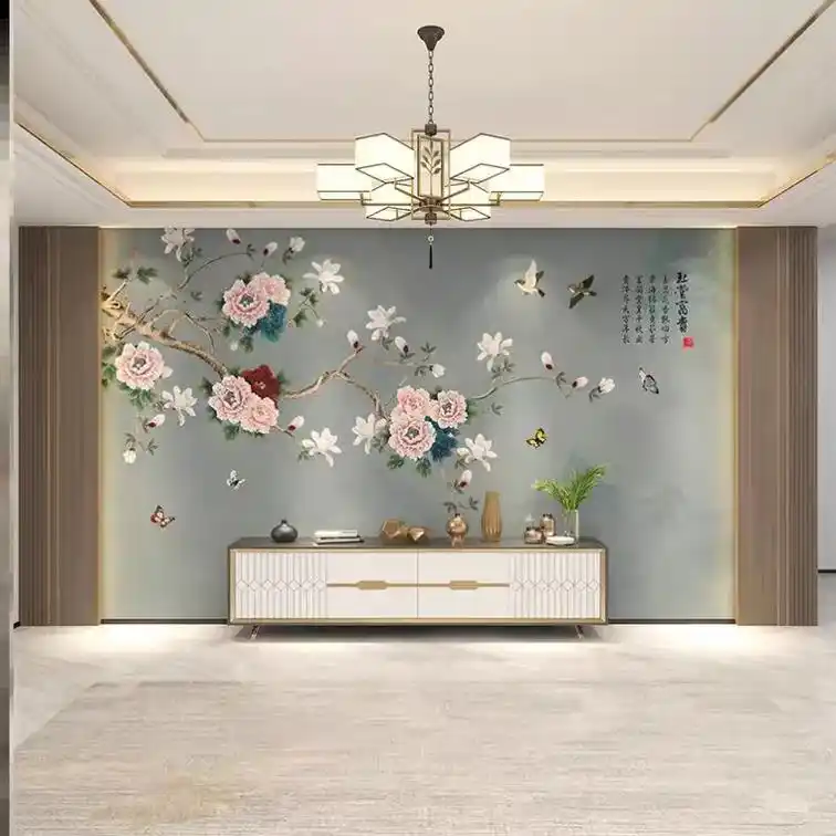 新中式电视机背景墙壁纸花鸟墙纸卧室客厅床头无缝墙布影视墙壁画