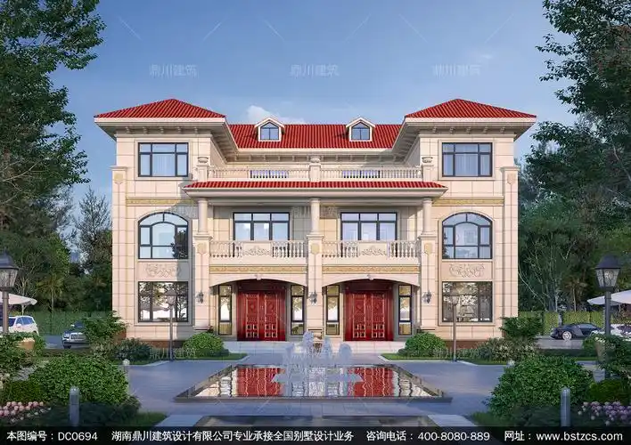 新农村欧式三层实用双拼别墅设计图纸_乡村兄弟自建房屋设计,鼎川建筑