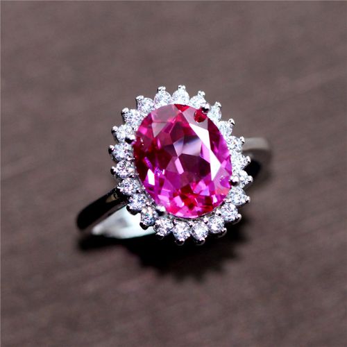 椭圆形玫红碧玺戒指女款纯银镀18k玫瑰金豪华款戴妃彩色宝石镶钻