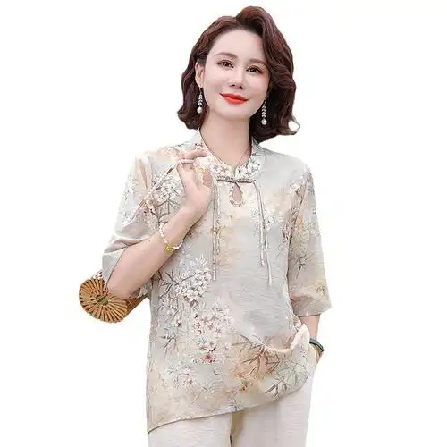 母亲节妈妈夏装洋气2024新款中年花色雪纺衫中老年女士休闲上衣潮