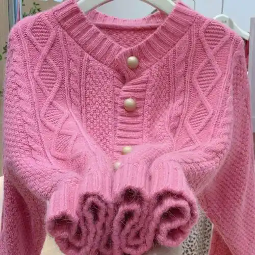 欧洲站洋气慵懒风高级设计感欧货手工粗麻花浣熊绒开衫毛衣女秋冬