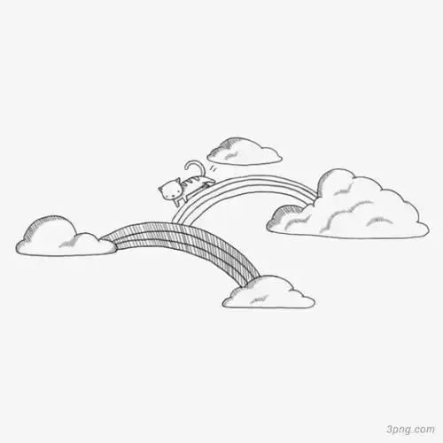 手绘猫咪站在彩虹云上简笔画