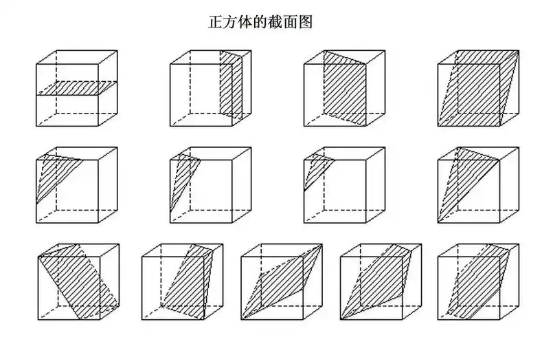 正方体的截面图(截痕)有七种情况,即三角形,矩形,菱形,梯形,正方形