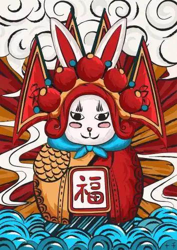 国潮新春兔年兔爷喜庆春节福气插画