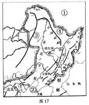 图17示意东北地区山河分布,读图回答问题.