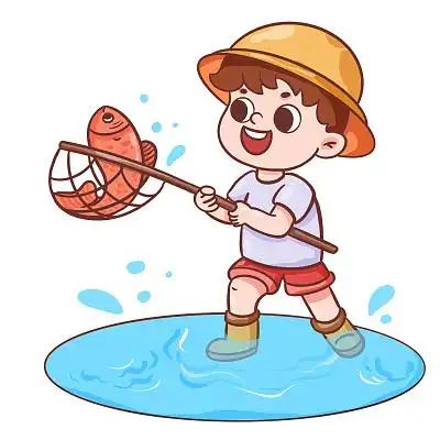 夏天卡通人物捕鱼元素插画