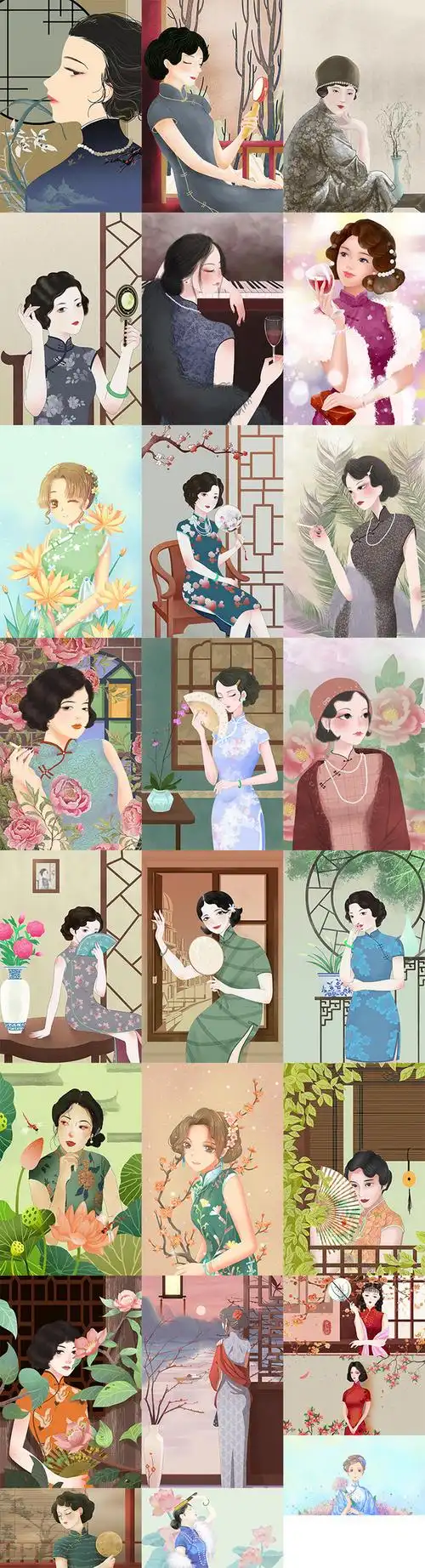 手绘民国风女性卡通旗袍服饰插画复古潮流服饰知性美写照psd素材