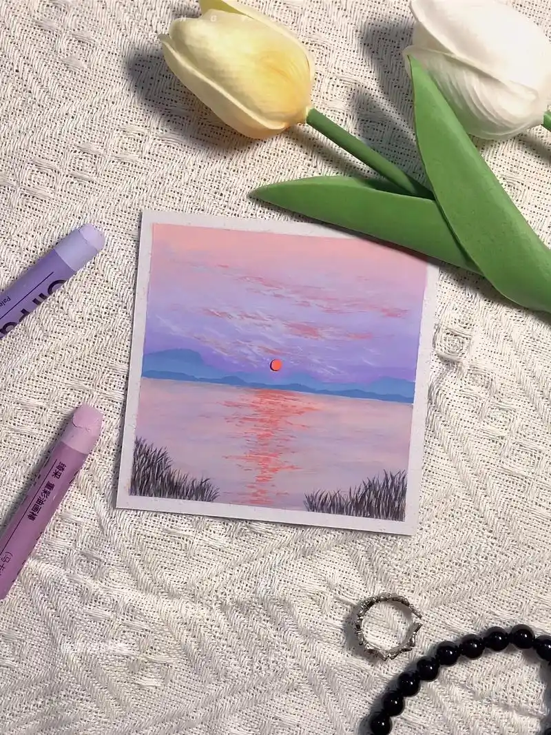 油画棒画|湖边晚霞|图文步骤教程.坐在湖边看日落·马卡龙48 - 抖音