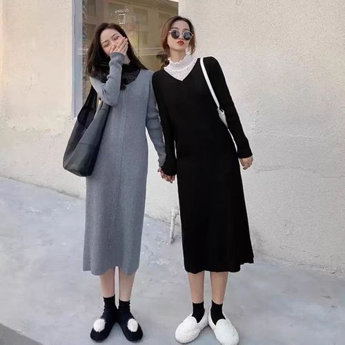 高端洋气针织连衣裙女秋冬内搭修身气质长款过膝v领时尚打底裙子