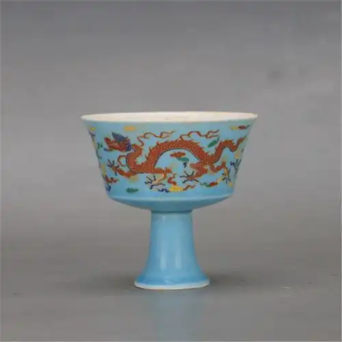 大明成化蓝釉龙凤高足杯仿古瓷器古董古玩旧货老货古瓷杂项摆件