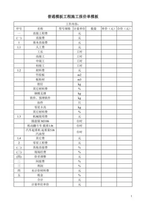 普通模板工程施工报价单模板