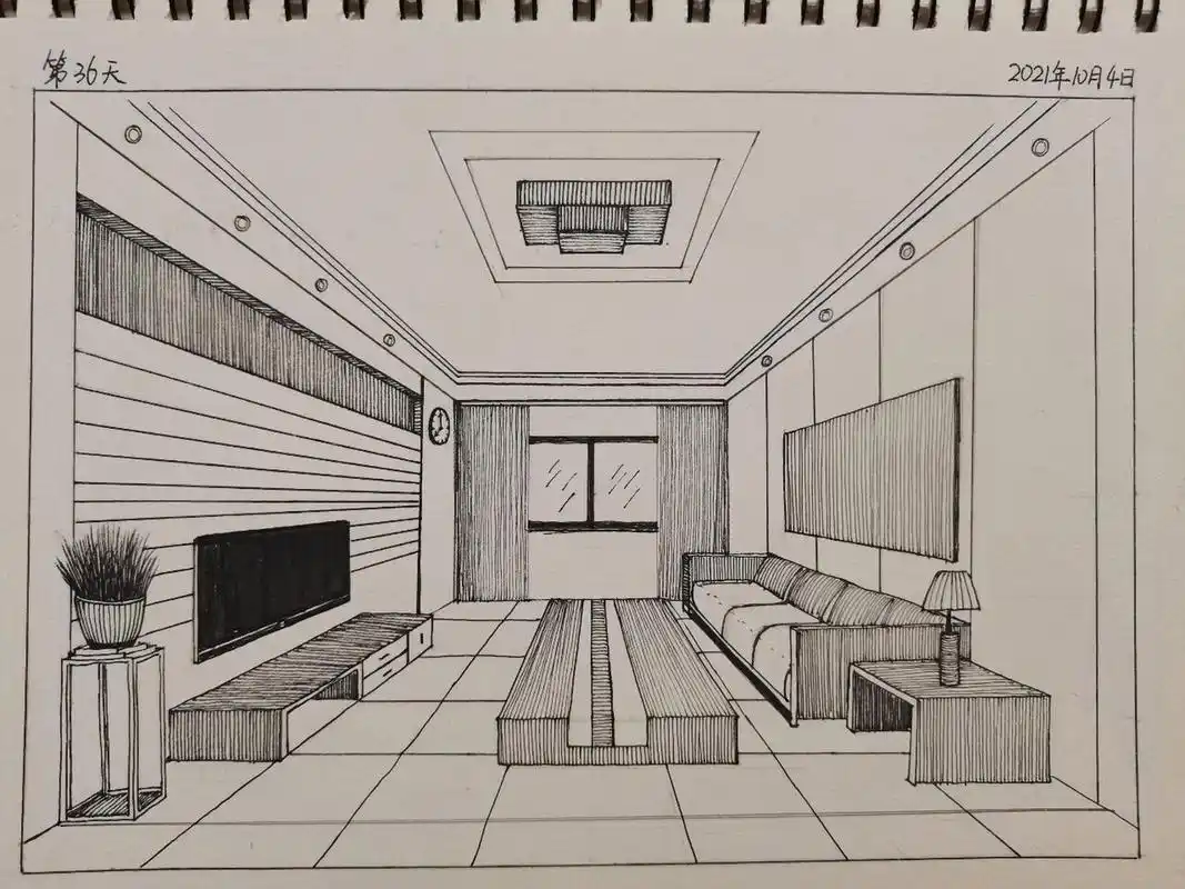 控笔练习/一点透视画客厅(附过程)/day36 7715继续透视练习,今天