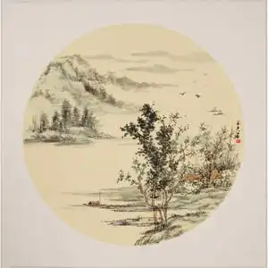 斗方山水画手绘已裱卡纸水墨画玄关客厅装饰画手工画石玉夫00005