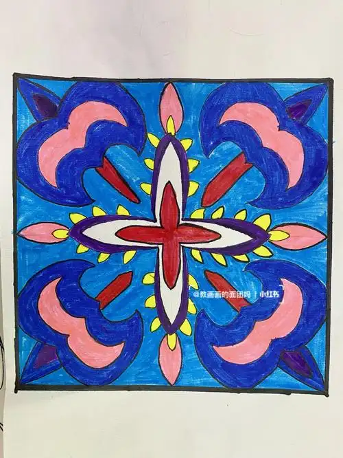 10岁学生作品,方形适合纹样对称骨架,5-6种颜色配色#适合纹样  #图案