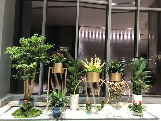 根据大堂空间及装修色调以自然,新中式的理念为主题的绿植景观.