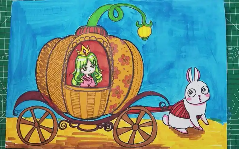 【马克笔儿童画】童话王国里的南瓜兔子车