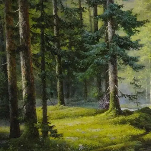 朝鲜功勋艺术家崖春洪油画作品《森林小溪》