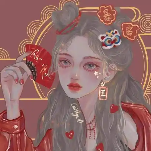 绝美手绘国潮风动漫女头新年红色头像